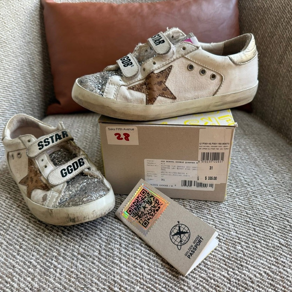 Golden Goose Kids Sneakers in White and Brown with Glitter